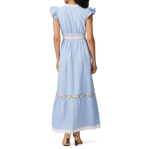 Saylor Yumi Dress Maxi Flutter Sleeve Blue Printed Cotton L - Picture 2 of 9